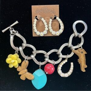 Lucky Brand Silver and Gold Charm Bracelet with Earrings